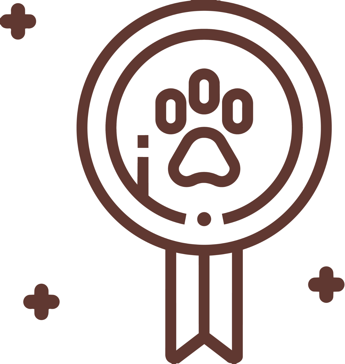 Brown line-art icon of an award ribbon badge with a paw print in the center.