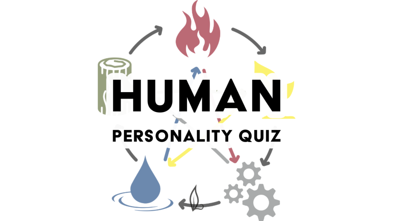 Diagram for Human Personality Quiz illustrating the 5 elements—wood, fire, earth, metal, and water—in a cyclical pattern with arrows and a central star, inspired by Traditional Chinese Veterinary Medicine. Text placed on top of the diagram says "Human Personality Quiz" in bold letters.