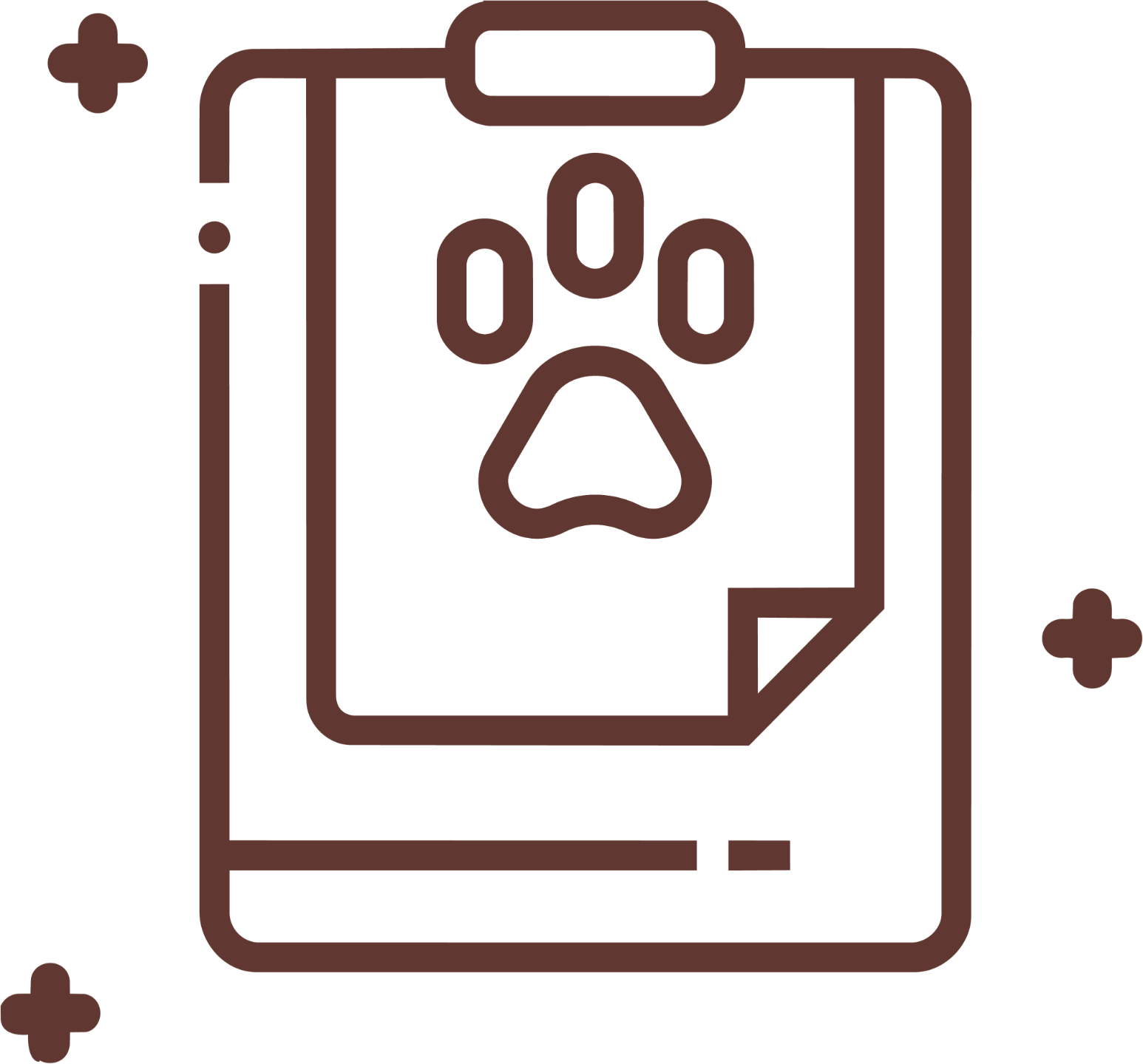 Brown line-art icon of a clipboard holding a document with a paw print.