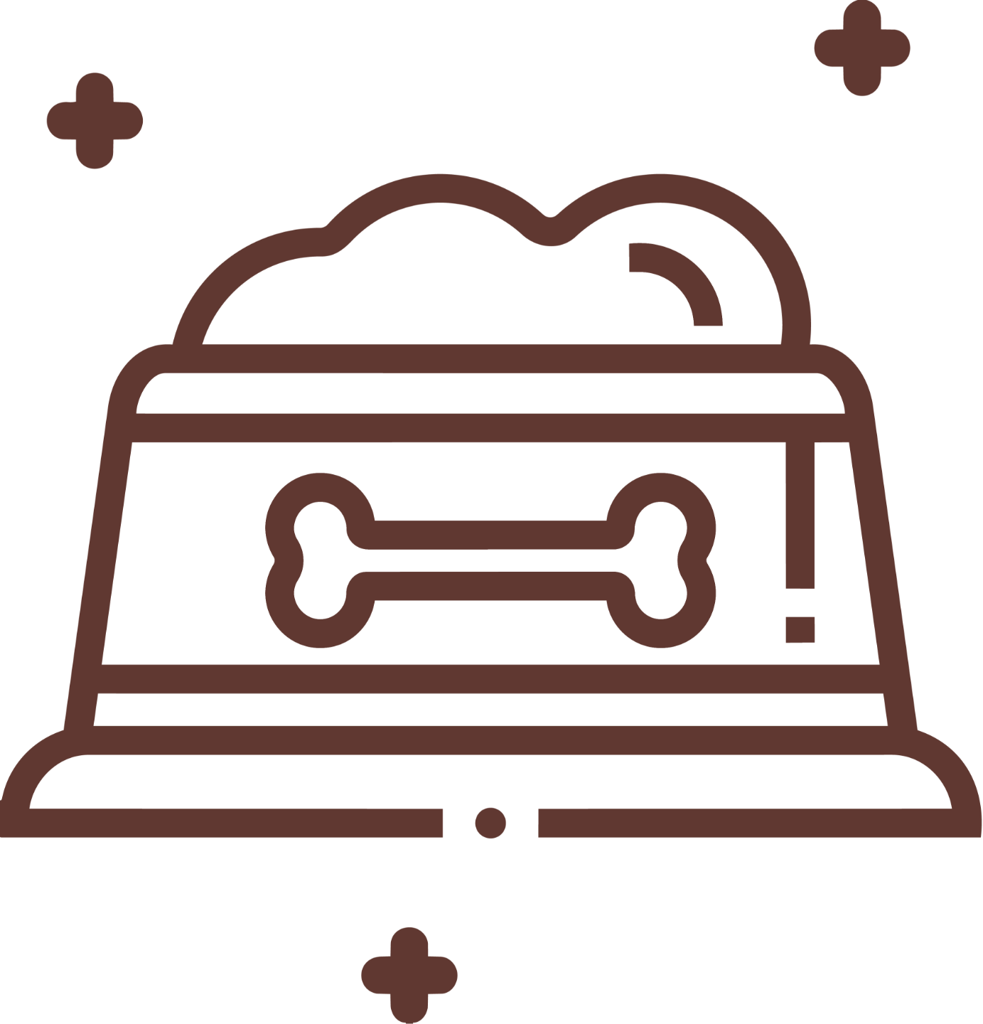 Brown line-art icon of a dog bowl filled with food, featuring a bone symbol on the front.