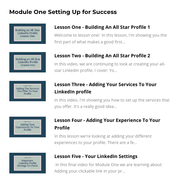 Module 1 lessons inside the LinkedIn Learner's Lab