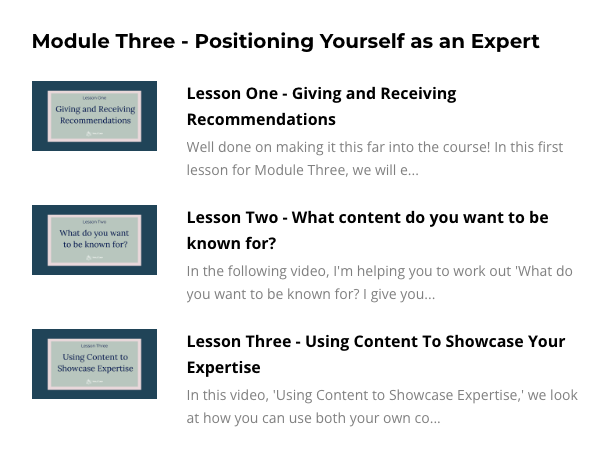 Module 3 lessons inside the LinkedIn Learner's Lab