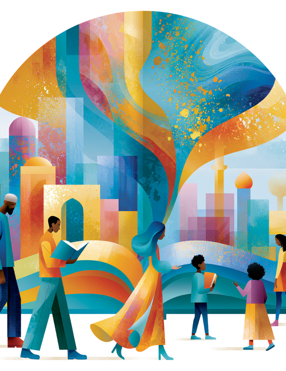 Colorful illustration of diverse people, including adults and children, walking and reading books against an abstract cityscape background.