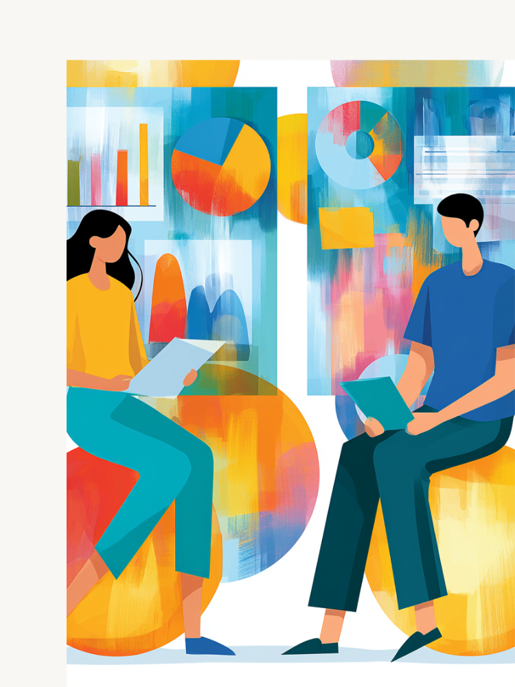 Two people sit and discuss documents in a brightly colored office with abstract charts and graphs displayed on the walls.