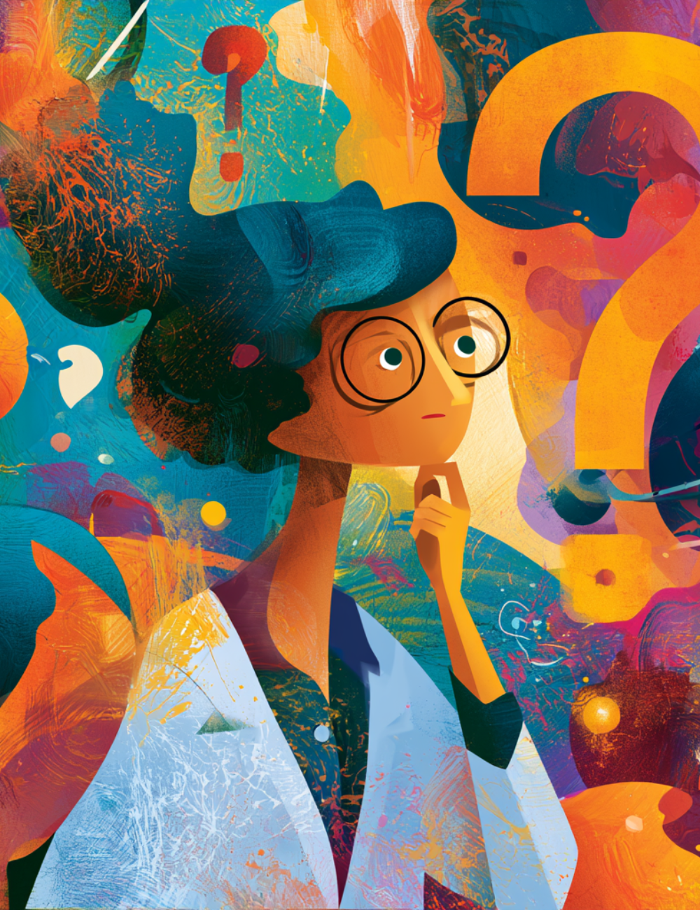 Illustration of a person with glasses in a lab coat thinking, surrounded by colorful question marks and abstract shapes, suggesting curiosity or problem-solving.