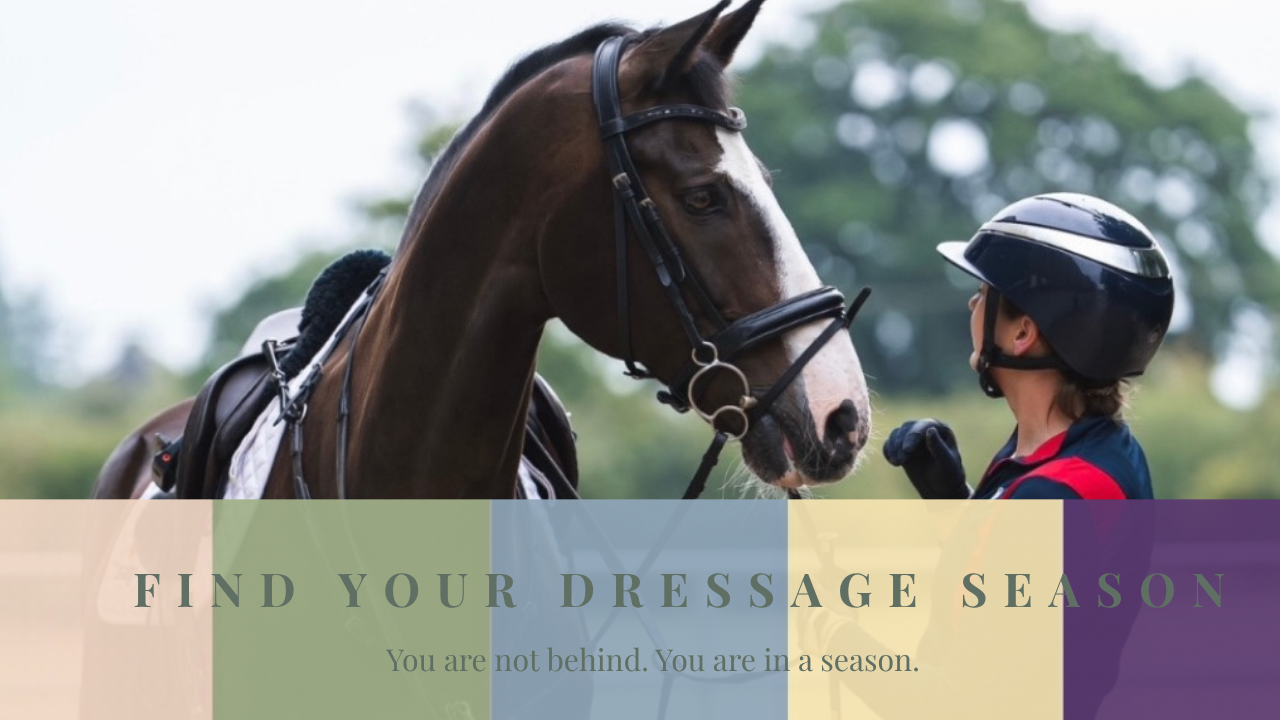 Rider standing beside a tacked-up horse with the words ‘Find Your Dressage Season – You are not behind. You are in a season.’