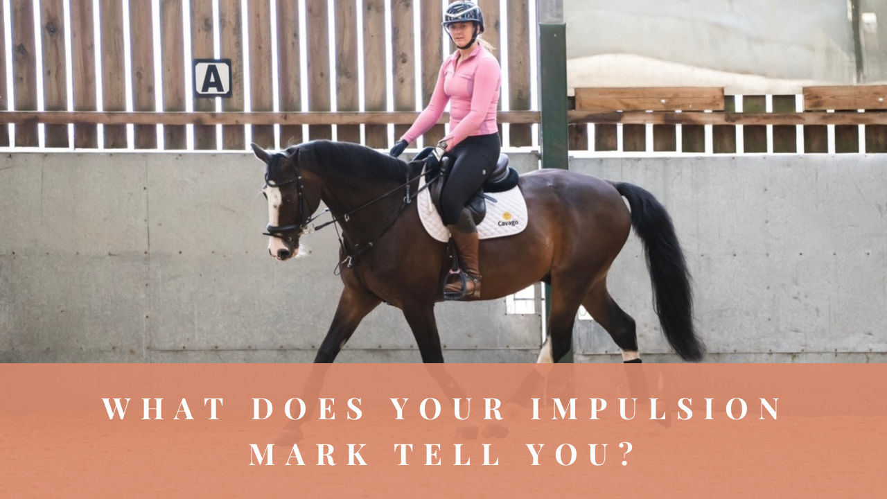 Rider schooling a horse in an indoor arena with the question ‘What does your impulsion mark tell you?’