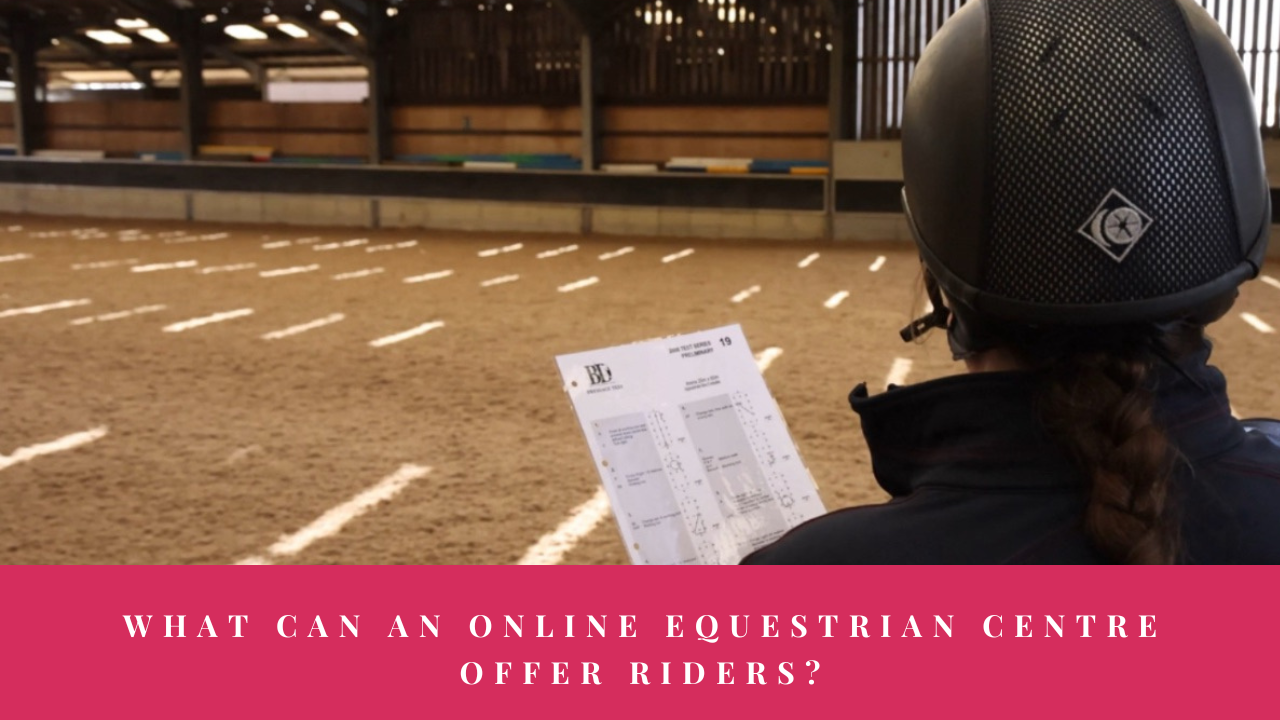 Rider holding a dressage test sheet beside an indoor arena with the question ‘What can an Online Equestrian Centre offer riders?’