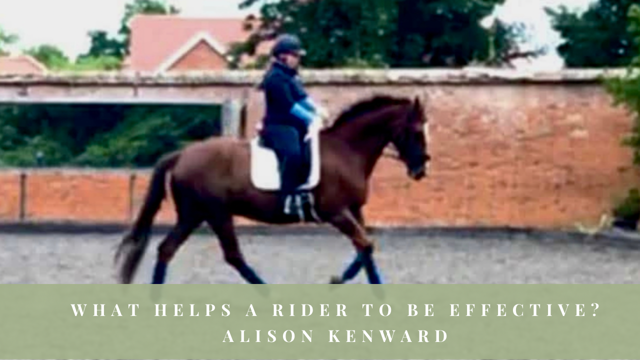 Alison Kenward schooling a horse in an outdoor arena.