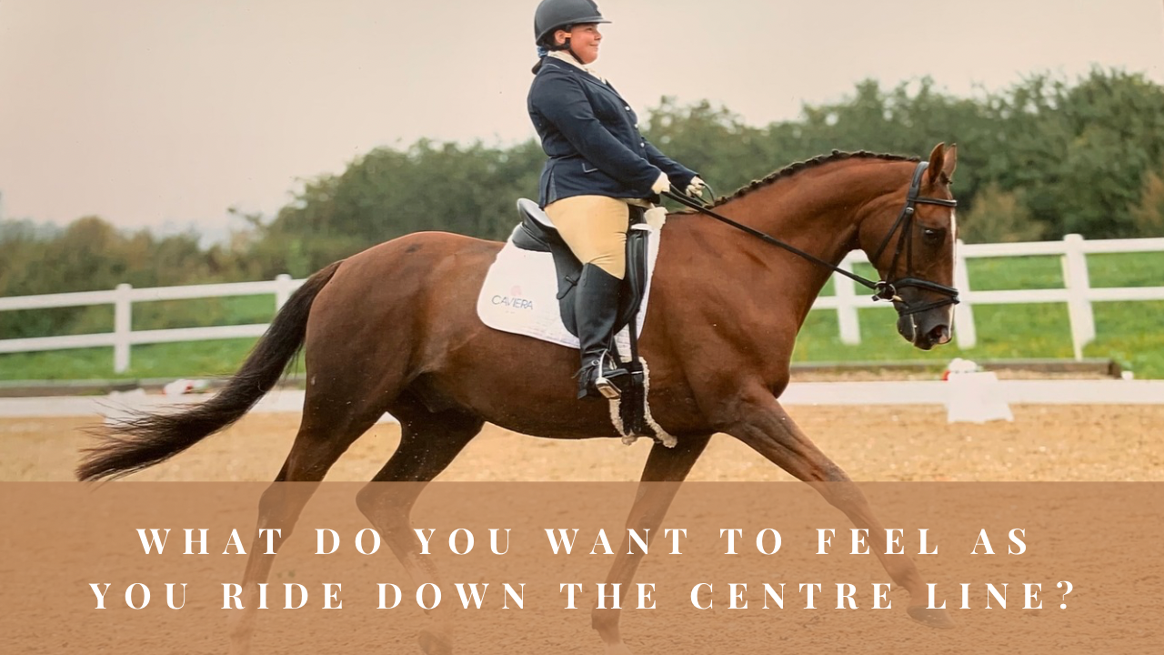 Alison Kenward riding her horse in a dressage arena with the question ‘What do you want to feel as you ride down the centre line?’