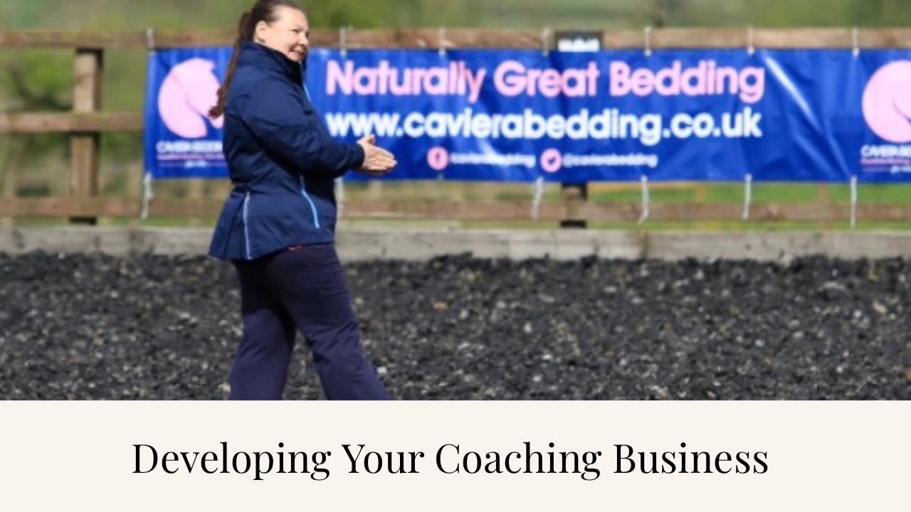 Alison Kenward coaching in an outdoor equestrian arena, illustrating her blog about developing a sustainable equestrian coaching business.