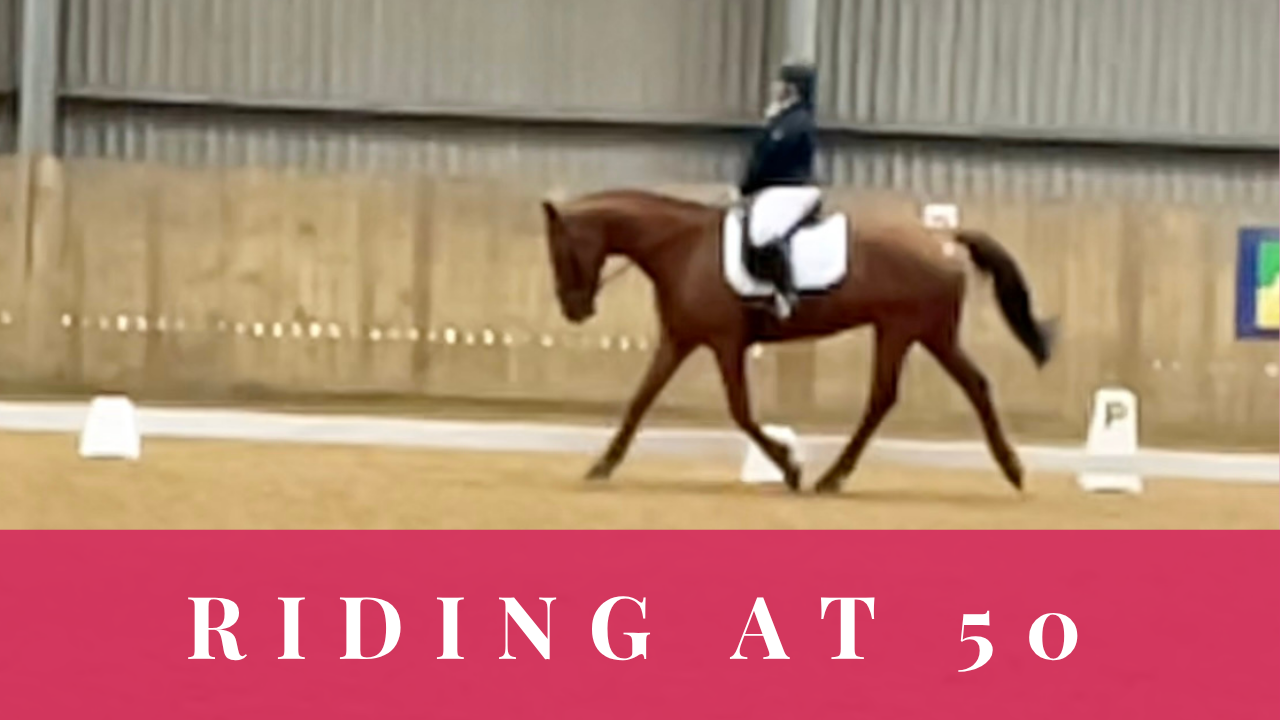 Photograph of Alison Kenward in a dressage competition , with the words ‘Riding at 50’.