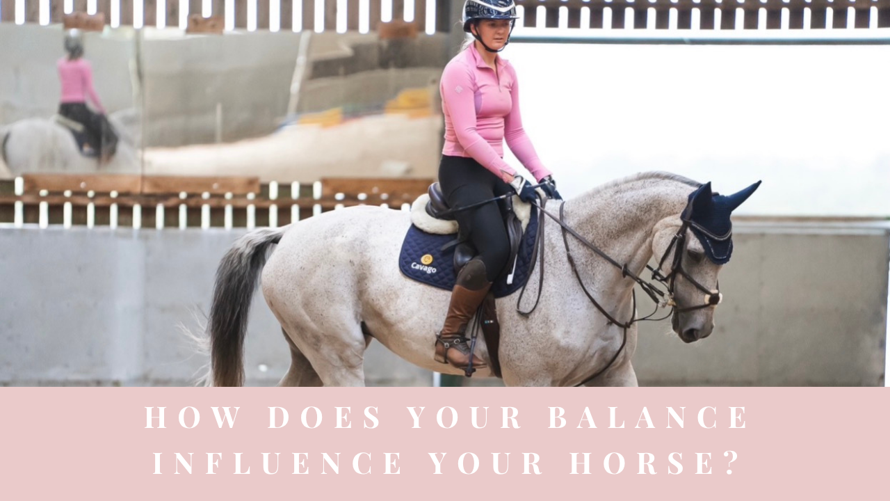 Rider schooling a grey horse in an indoor arena with the question ‘How does your balance influence your horse?’
