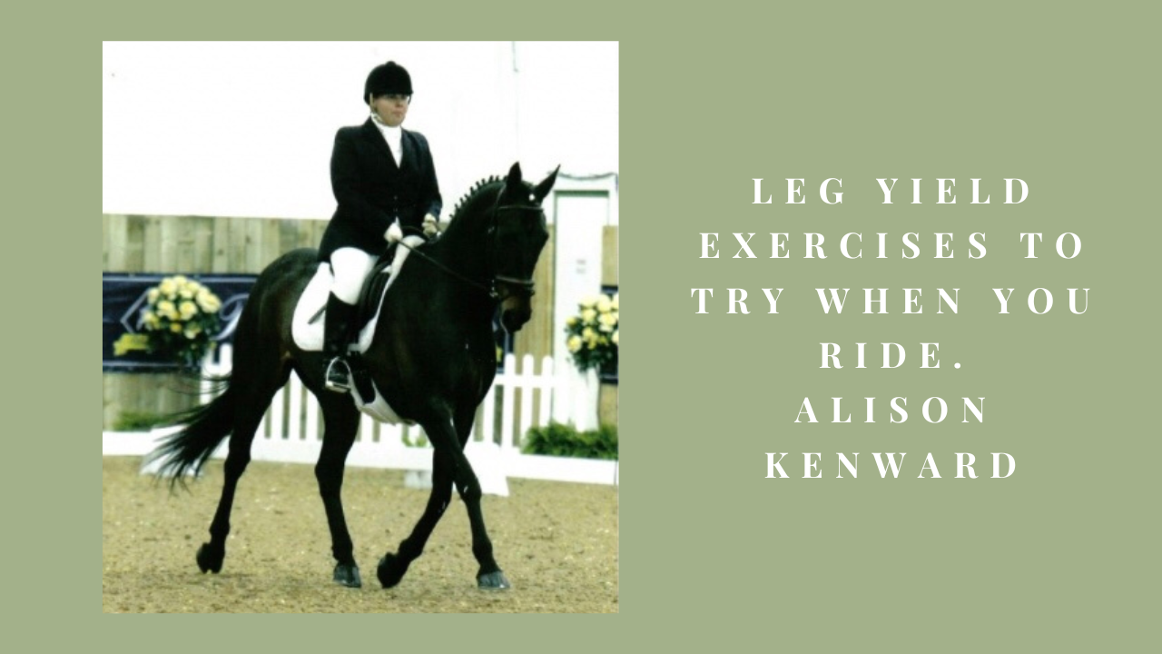Alison Kenward riding leg yield on a bay horse in a dressage arena.