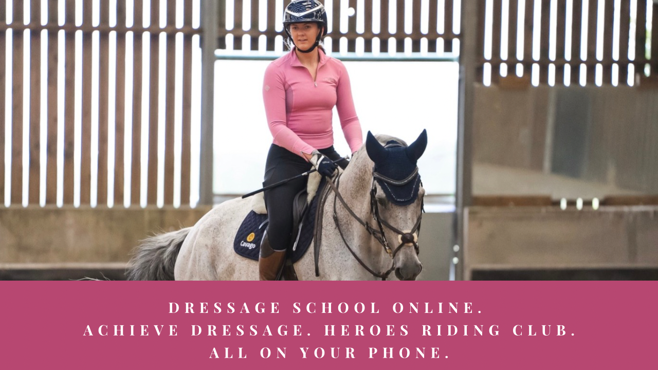 Rider on a grey horse with Dressage School Online, Achieve Dressage and Heroes Riding Club, all on your phone.