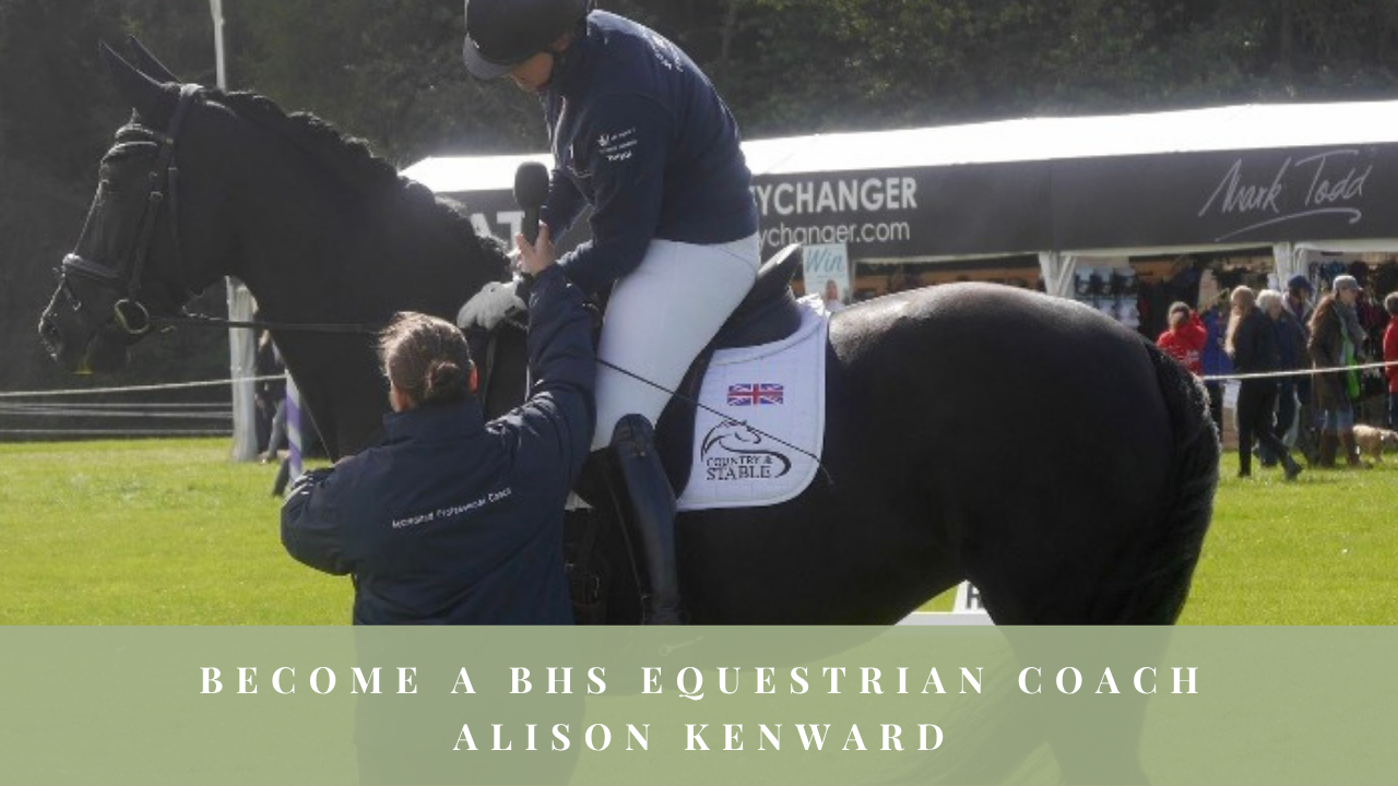 Alison Kenward coaching a rider on horseback at an equestrian event.