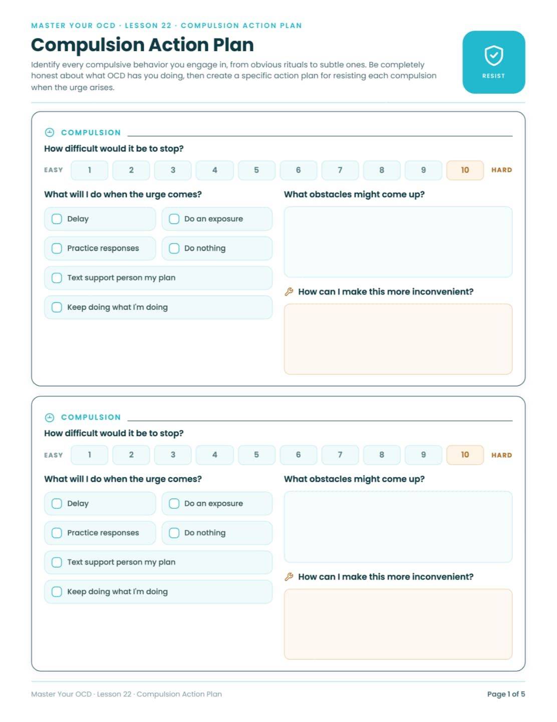 Master Your OCD worksheet