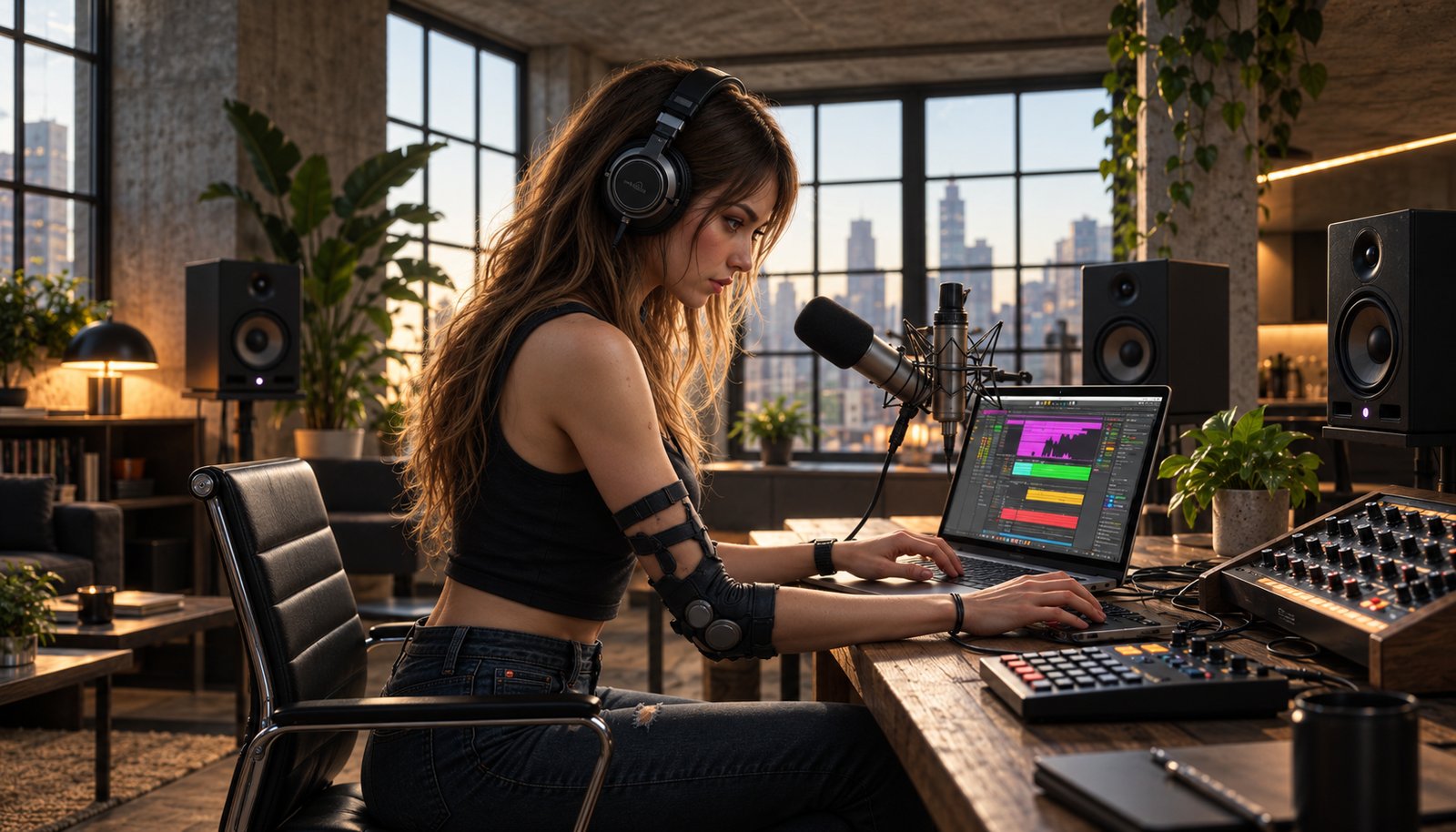 A singer in headphones edits her vocal takes on a laptop beside a microphone in a loft studio with city windows at sunset.