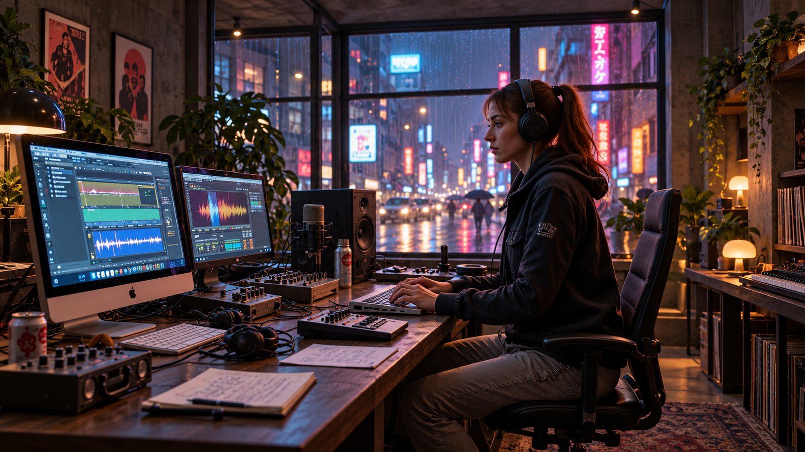 A woman in headphones works at two computer screens with a mixer and a notebook in a loft home studio overlooking a rainy neon city at night.