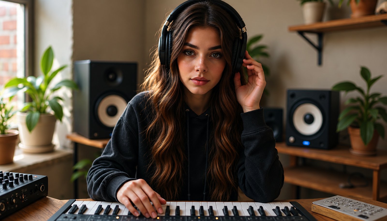 A young woman holds her headphones close and listens carefully at a keyboard between two studio speakers in a home studio with plants.