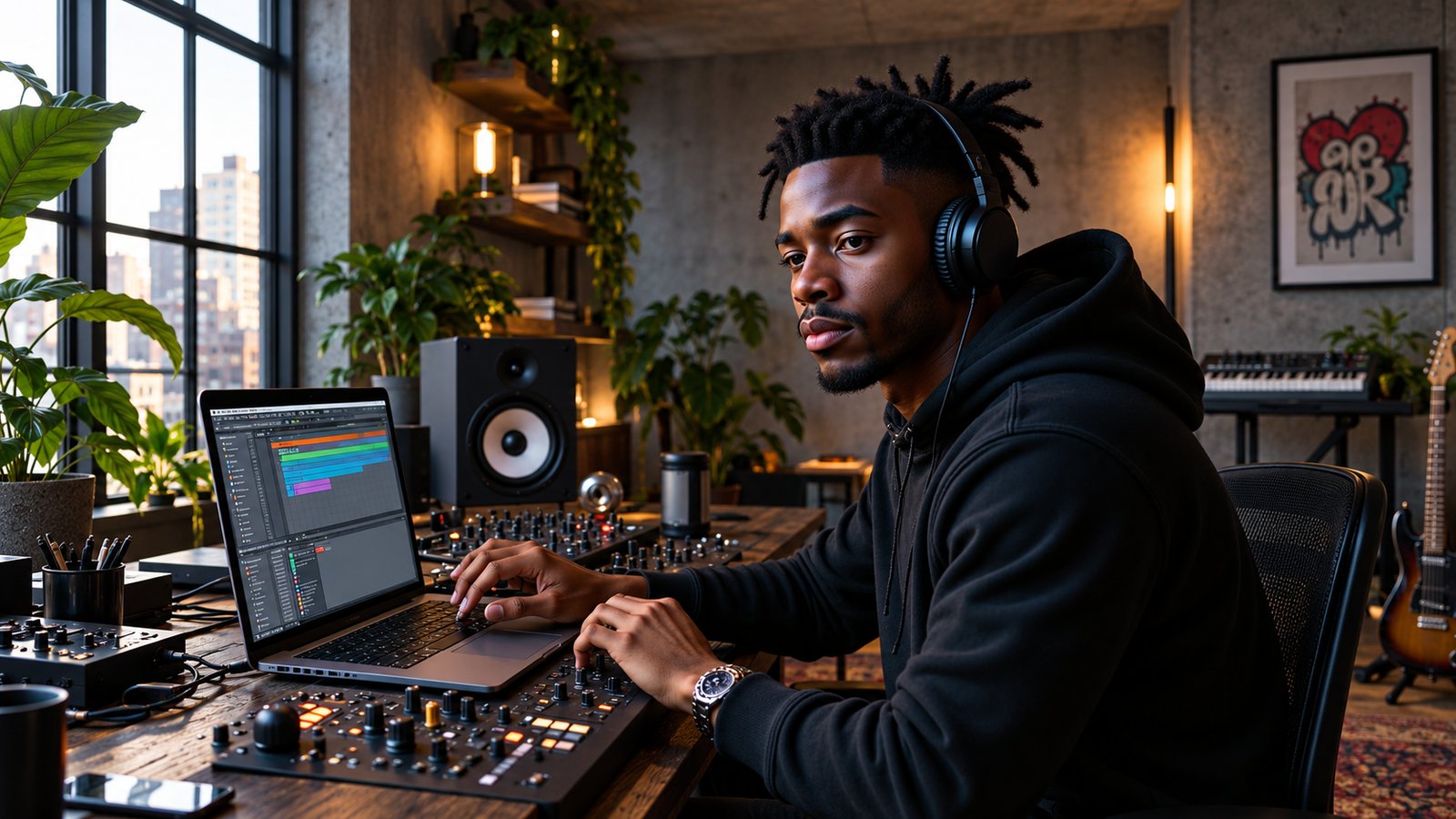 A producer in headphones and a black hoodie works on a laptop and controllers in a concrete loft home studio with plants and speakers.
