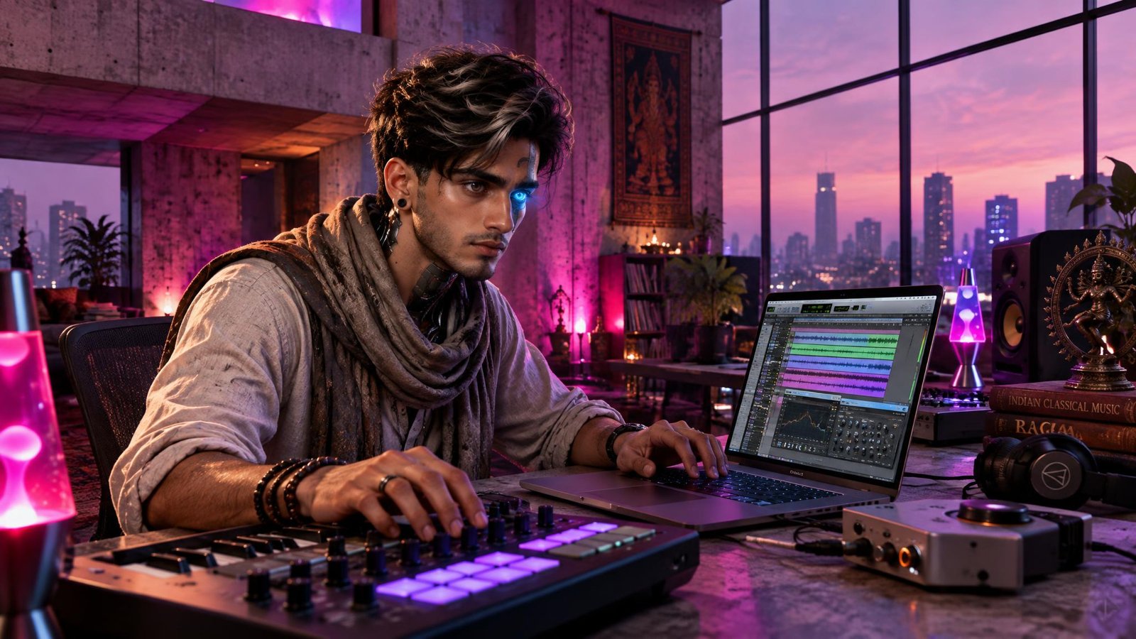 A young man with tousled hair and a scarf plays a glowing pad controller next to a laptop in a concrete loft studio at dusk, with pink lava lamps and city lights in the window.