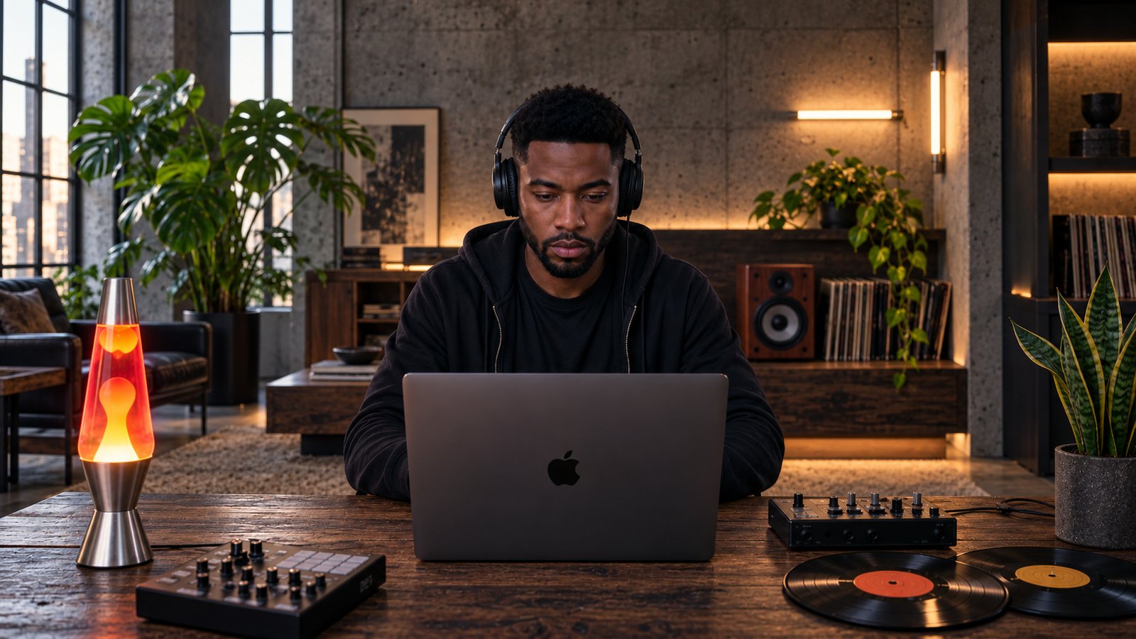 A producer in headphones works on a laptop beside a glowing lava lamp in a loft home studio.