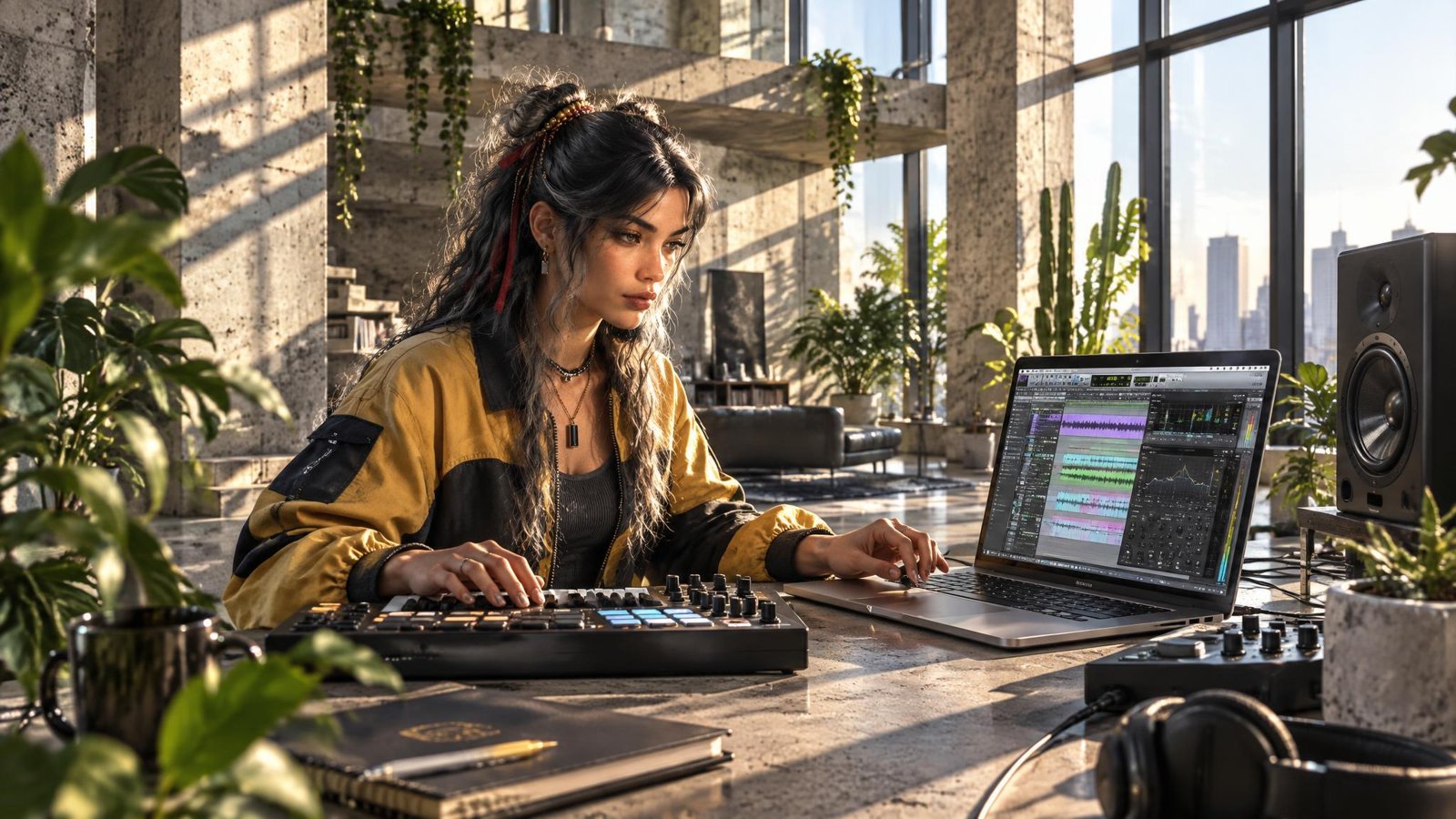 A young woman with long dark hair and red streaks, in a yellow and black jacket, plays a pad controller next to a laptop in a sunlit concrete loft studio full of plants.
