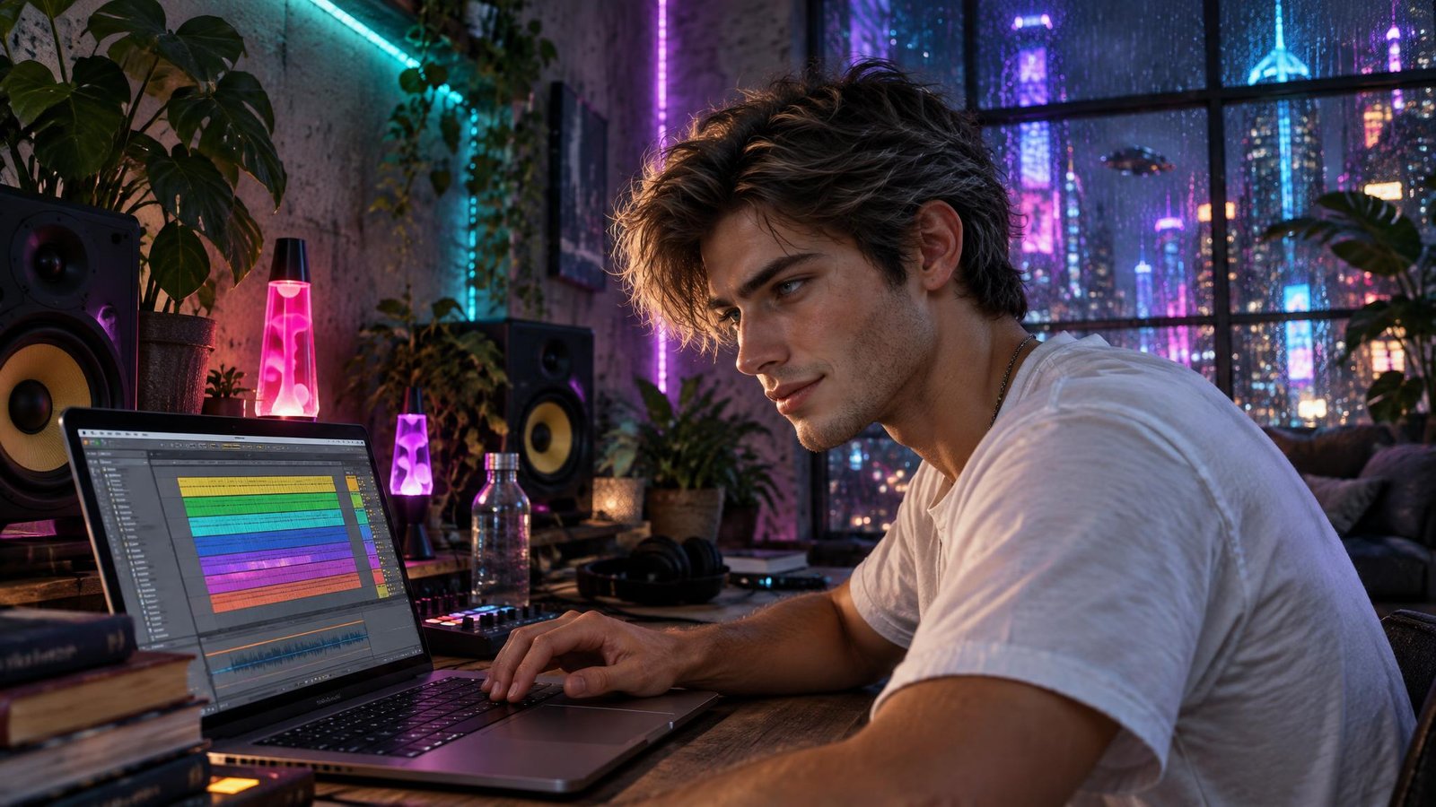 A young man with tousled dark hair and a white t-shirt works on a laptop full of colorful clips in a loft studio with pink lava lamps, neon lights and a rainy city at night in the window.