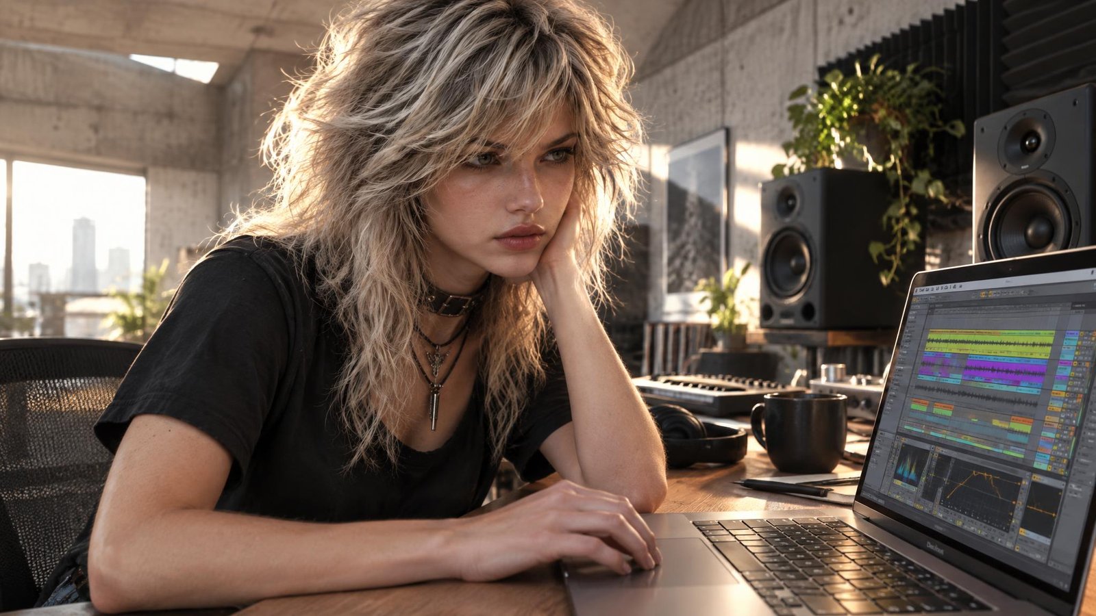 A young woman with wavy blonde hair and a choker rests her cheek on her hand while listening at a laptop showing a mix, with monitor speakers and plants in a concrete loft studio.