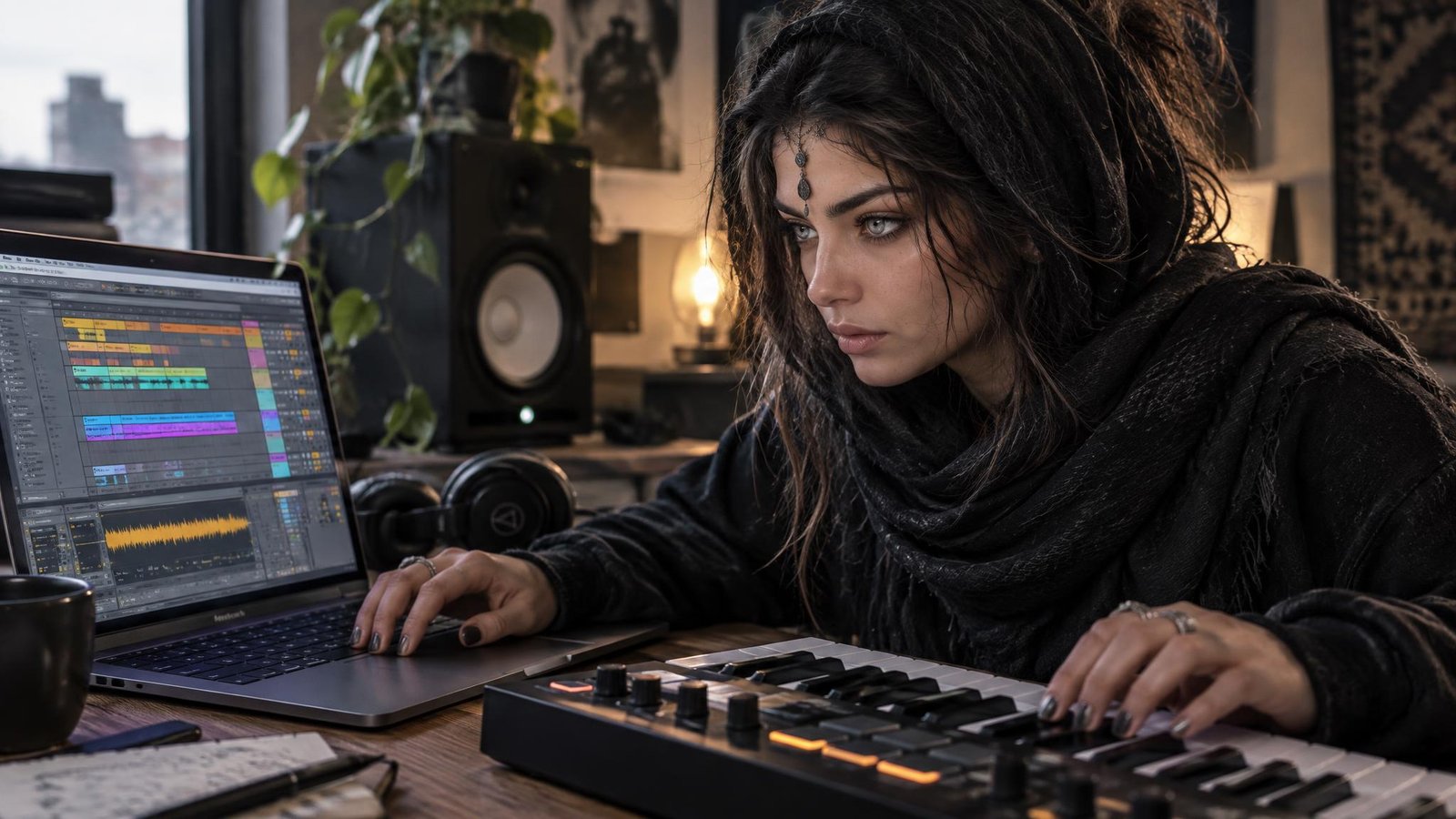 A young woman with long dark hair and a jewel on her forehead, in a black hooded scarf, plays a MIDI keyboard next to a laptop showing an Ableton Live session in a loft studio.