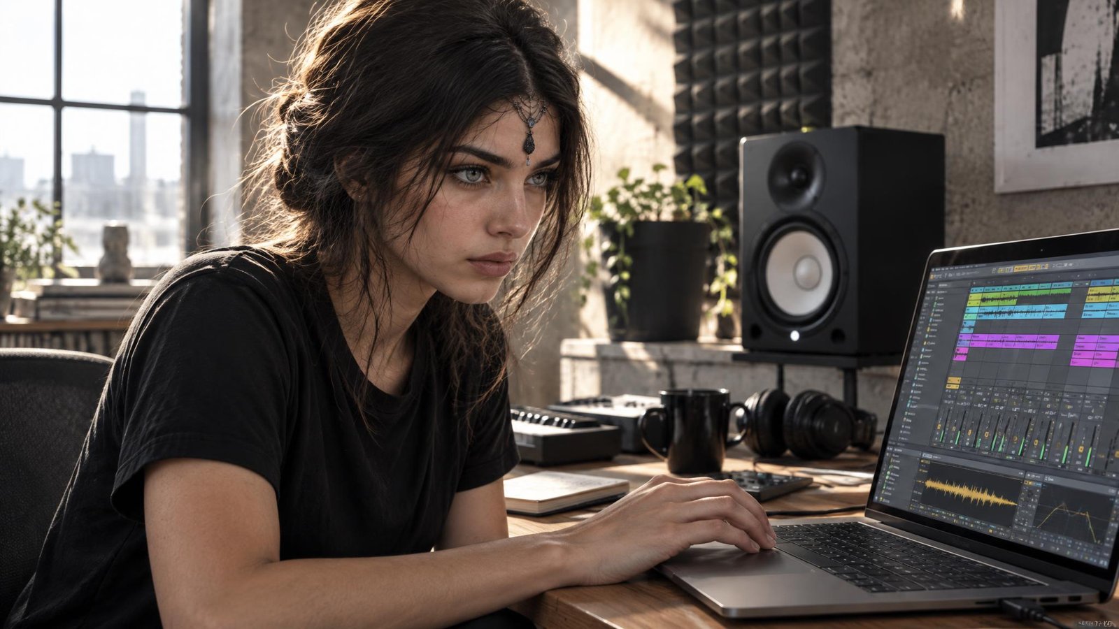 A young woman with dark hair and a jewel on her forehead works on a mix on her laptop in a concrete loft studio with monitor speakers and acoustic panels.