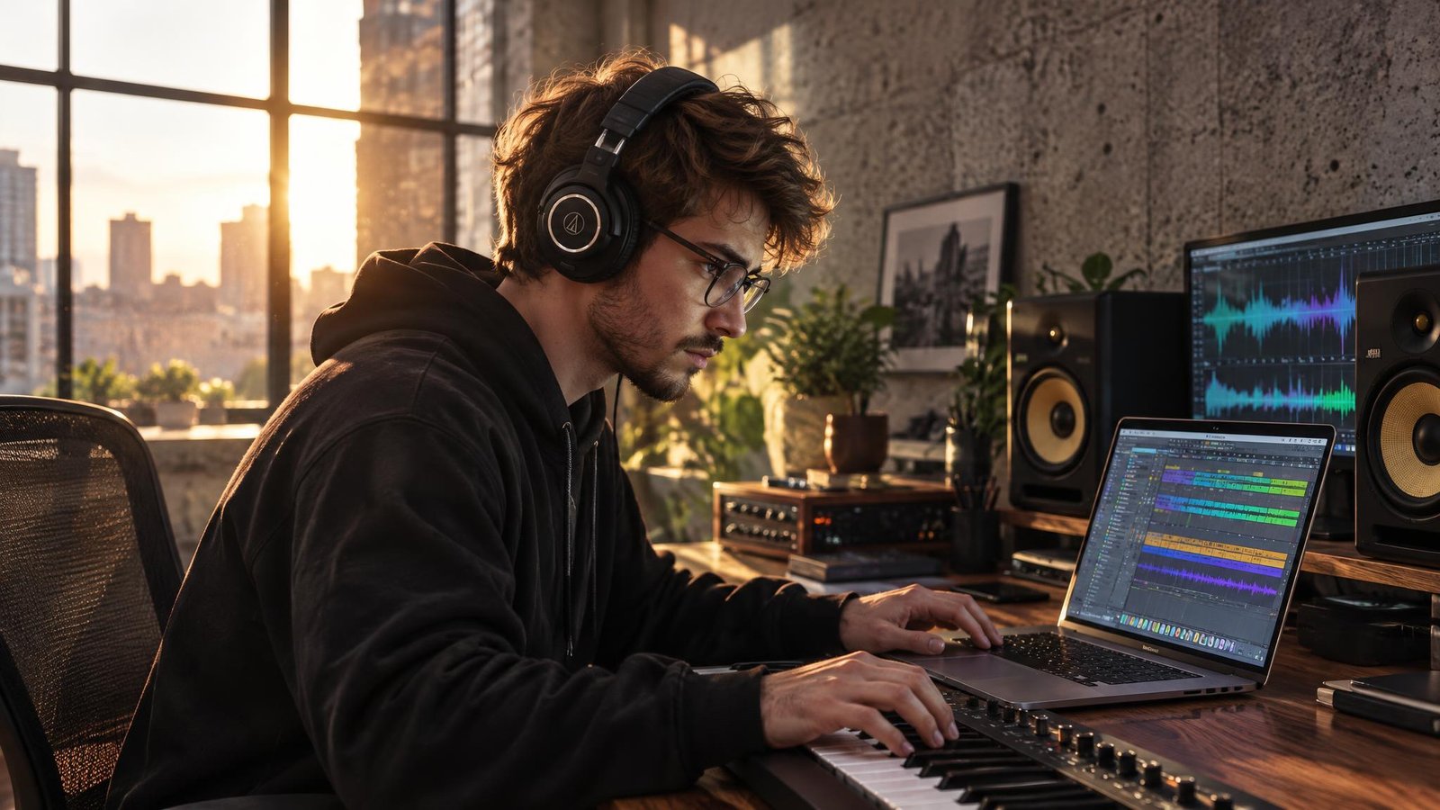 A bearded young man with glasses, headphones and a black hoodie plays a keyboard next to a laptop and a monitor showing waveforms, with monitor speakers and a golden sunset window behind him.