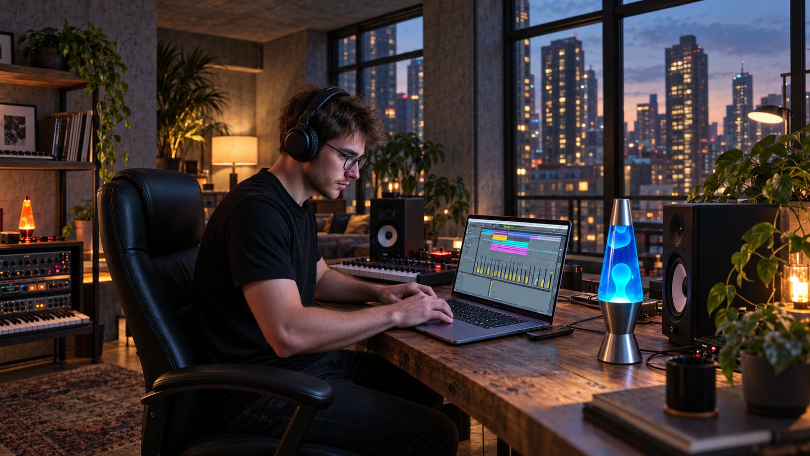 A producer in headphones works on a laptop beside a glowing blue lava lamp in a loft home studio overlooking a city at night.