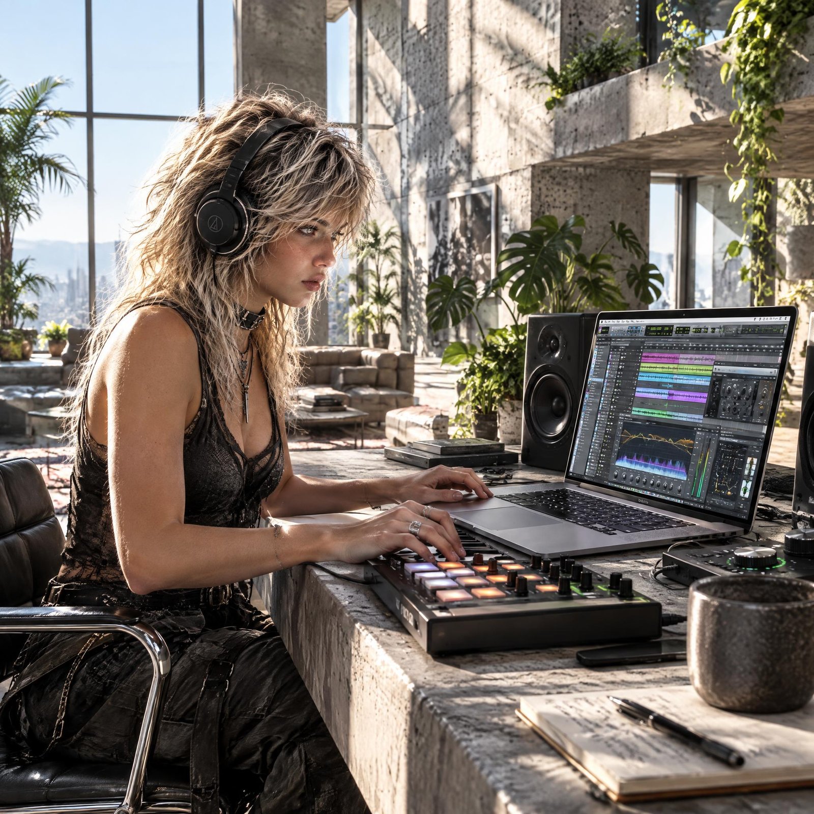 A young woman with tousled blonde hair and headphones plays a pad controller next to a laptop and monitor speakers at a concrete desk in a bright loft studio full of plants.