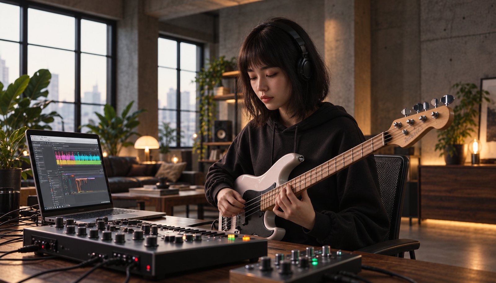 A woman in a black hoodie plays a white electric bass in front of a laptop and a controller in a concrete loft home studio.