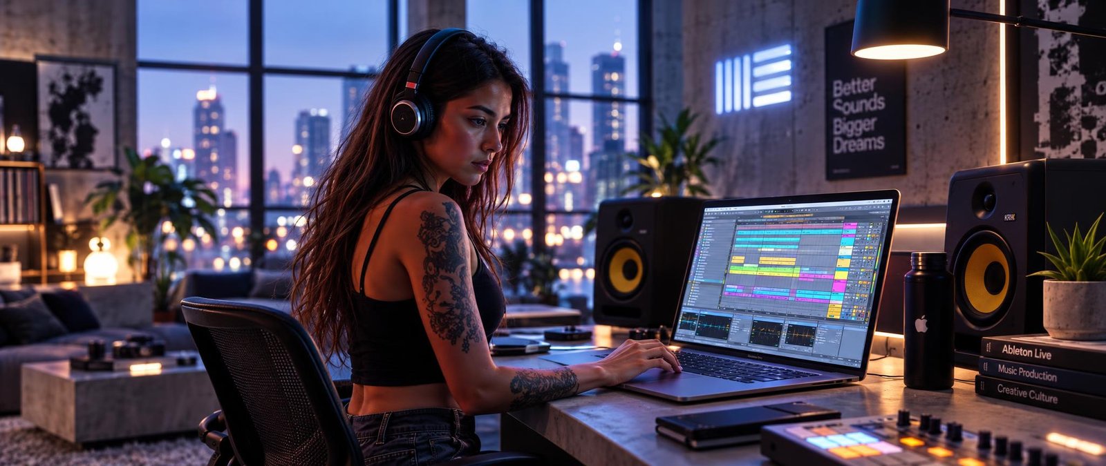A music producer in headphones mixing a song in Ableton Live on a laptop, with studio monitors, in a loft home studio at night