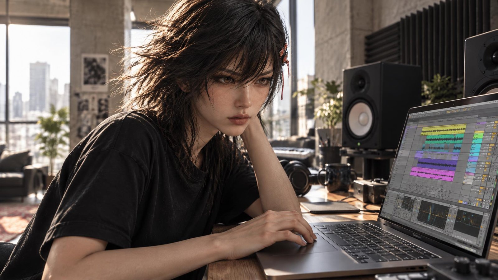 A young woman with shaggy dark hair rests her head on her hand at a laptop with waveforms, with monitor speakers, a keyboard and city windows behind her.