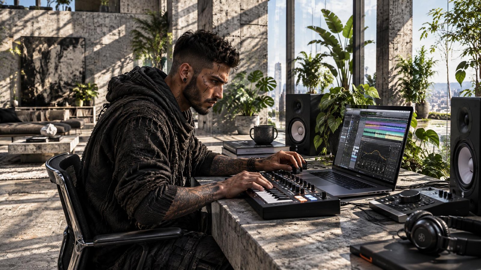 A bearded man with tattoos, in a dark hoodie, plays a keyboard controller next to a laptop in a sunlit concrete loft studio with plants and monitor speakers.
