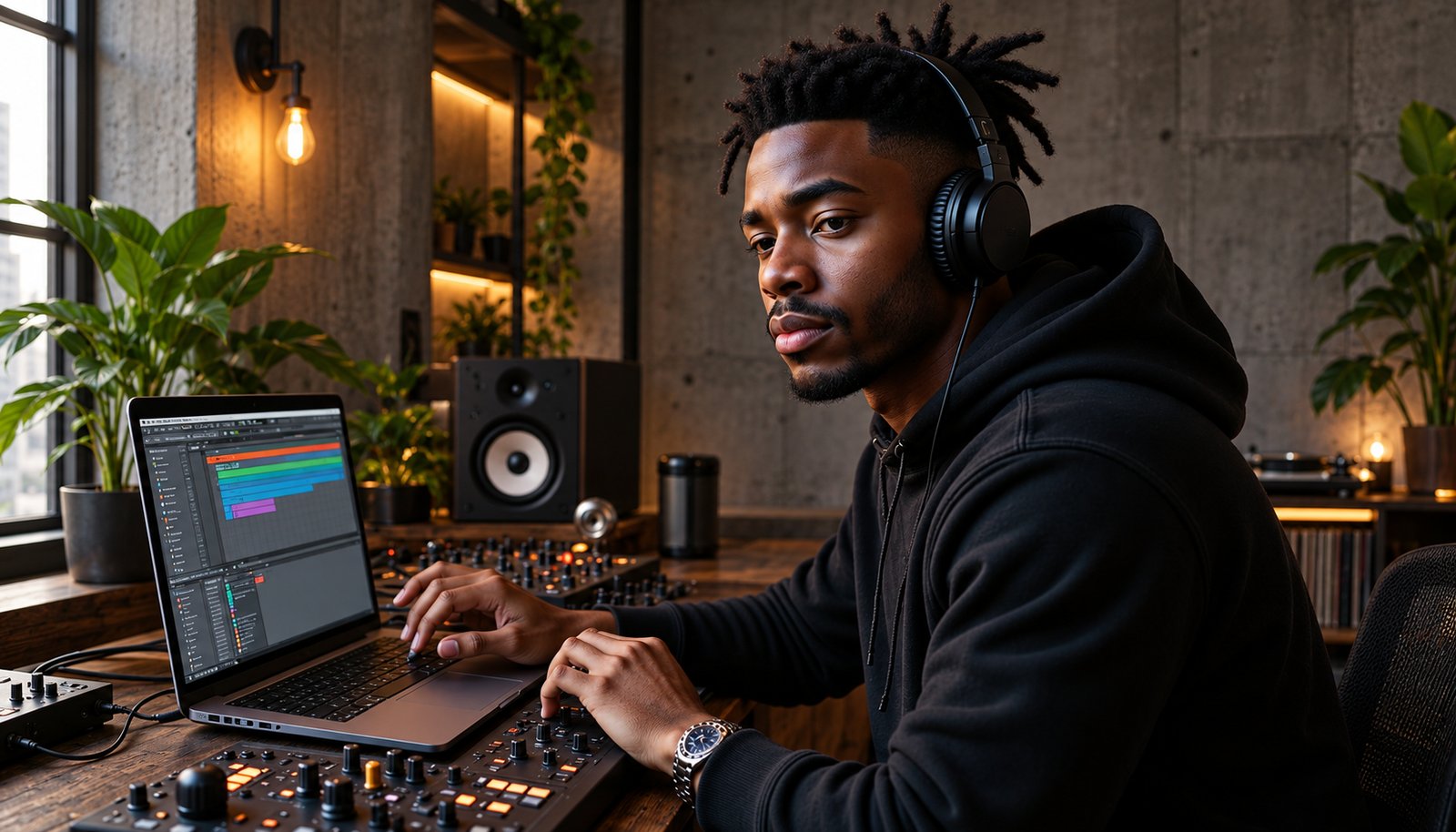 A producer in headphones listens and works at a laptop and controller in a concrete loft home studio with plants and studio speakers.