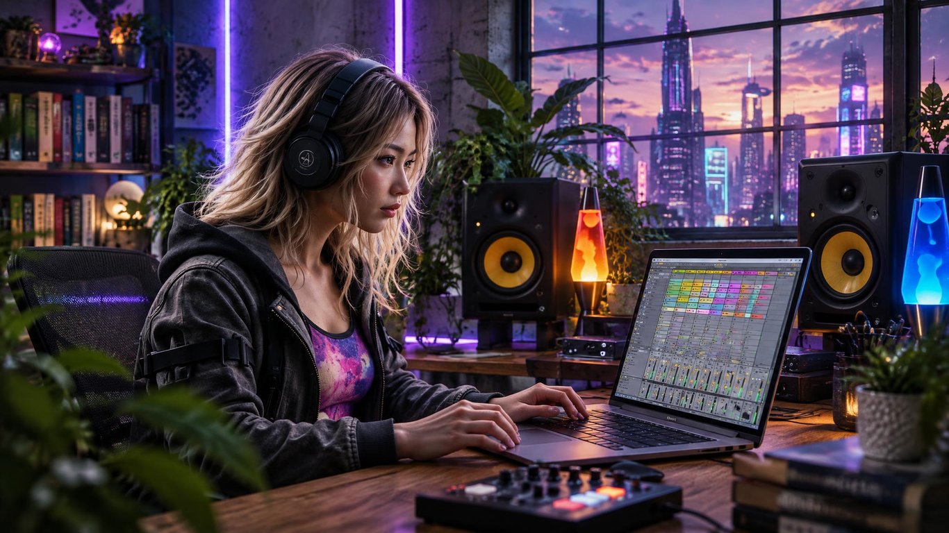 A music producer in headphones using Ableton Live Lite on a laptop in a loft home studio at night, with lava lamps, plants and a city skyline