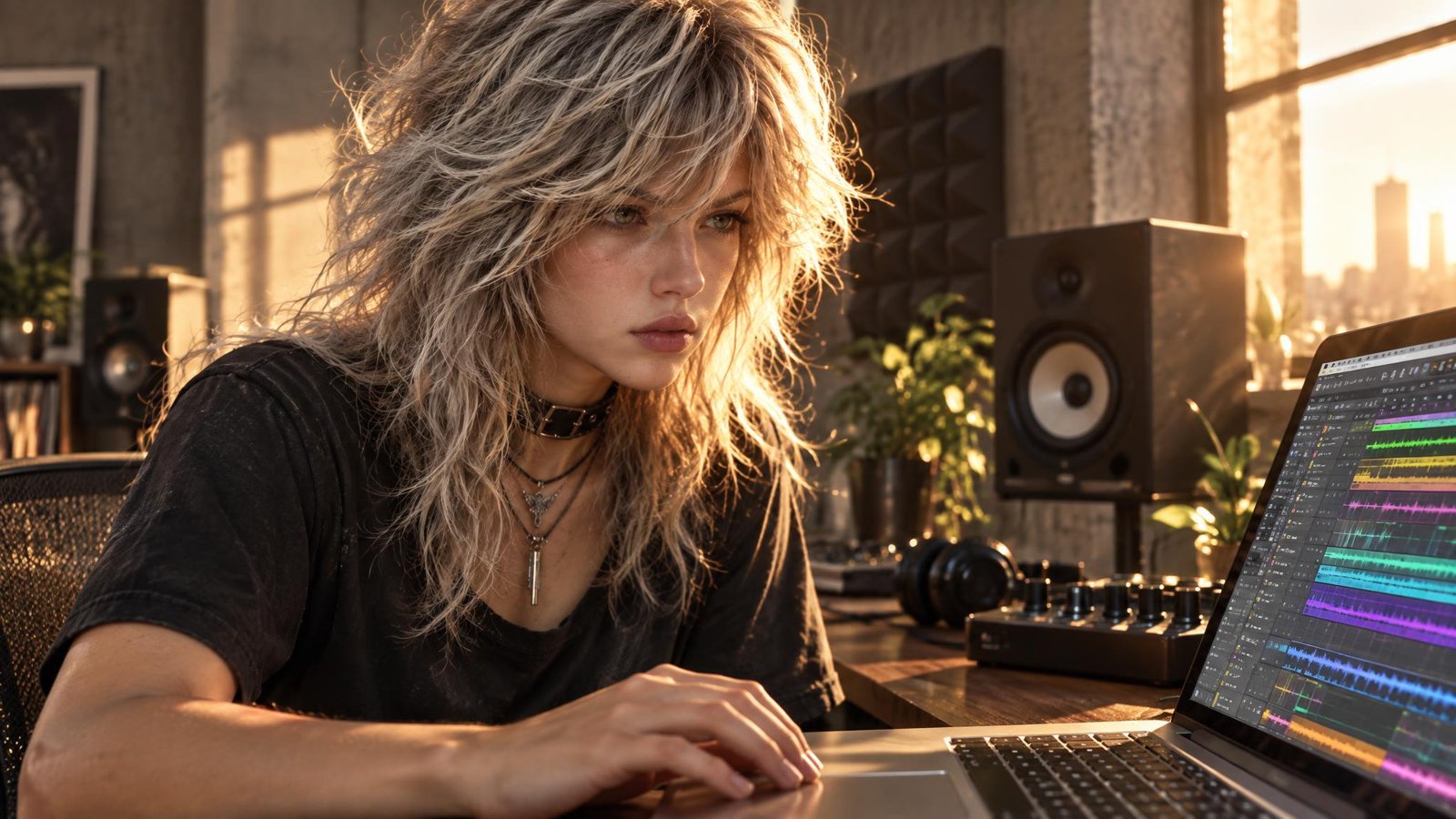 A young woman with tousled blonde hair and a choker leans toward a laptop full of waveforms in a concrete loft studio at sunset.