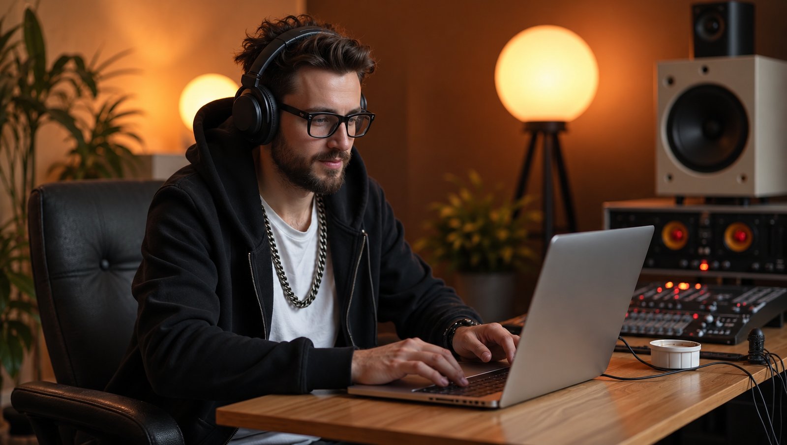 A bearded producer in glasses and headphones edits vocals on a laptop in a warm-lit home studio with speakers and a globe lamp.