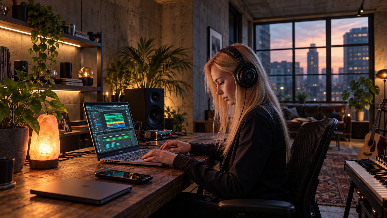 A blonde producer in headphones works on a laptop by a glowing salt lamp in a loft home studio at dusk.