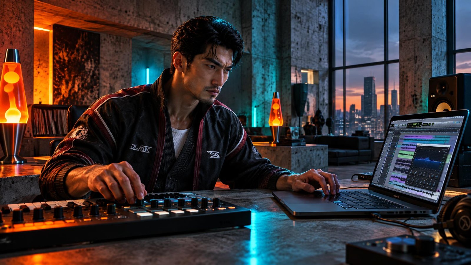 A man in a black track jacket plays a keyboard controller next to a laptop in a concrete loft studio at dusk, with orange lava lamps and a city skyline in the windows.