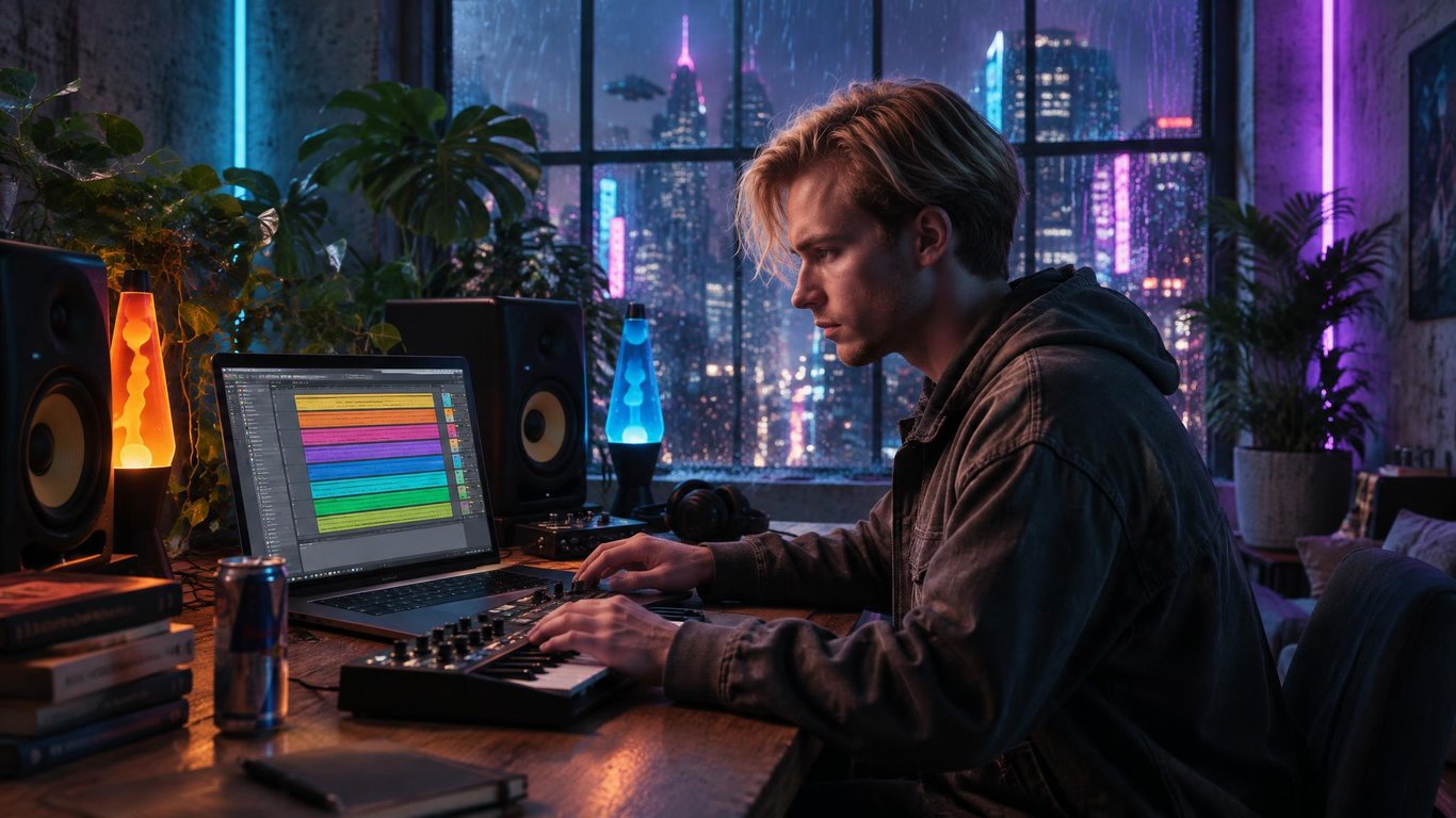 A music producer making a beat in Ableton Live Lite on a laptop, with eight tracks on screen, in a loft home studio