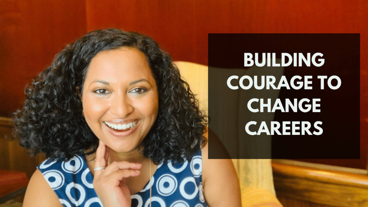 Lata Hamilton in blue dress smiling; text: building courage to change careers