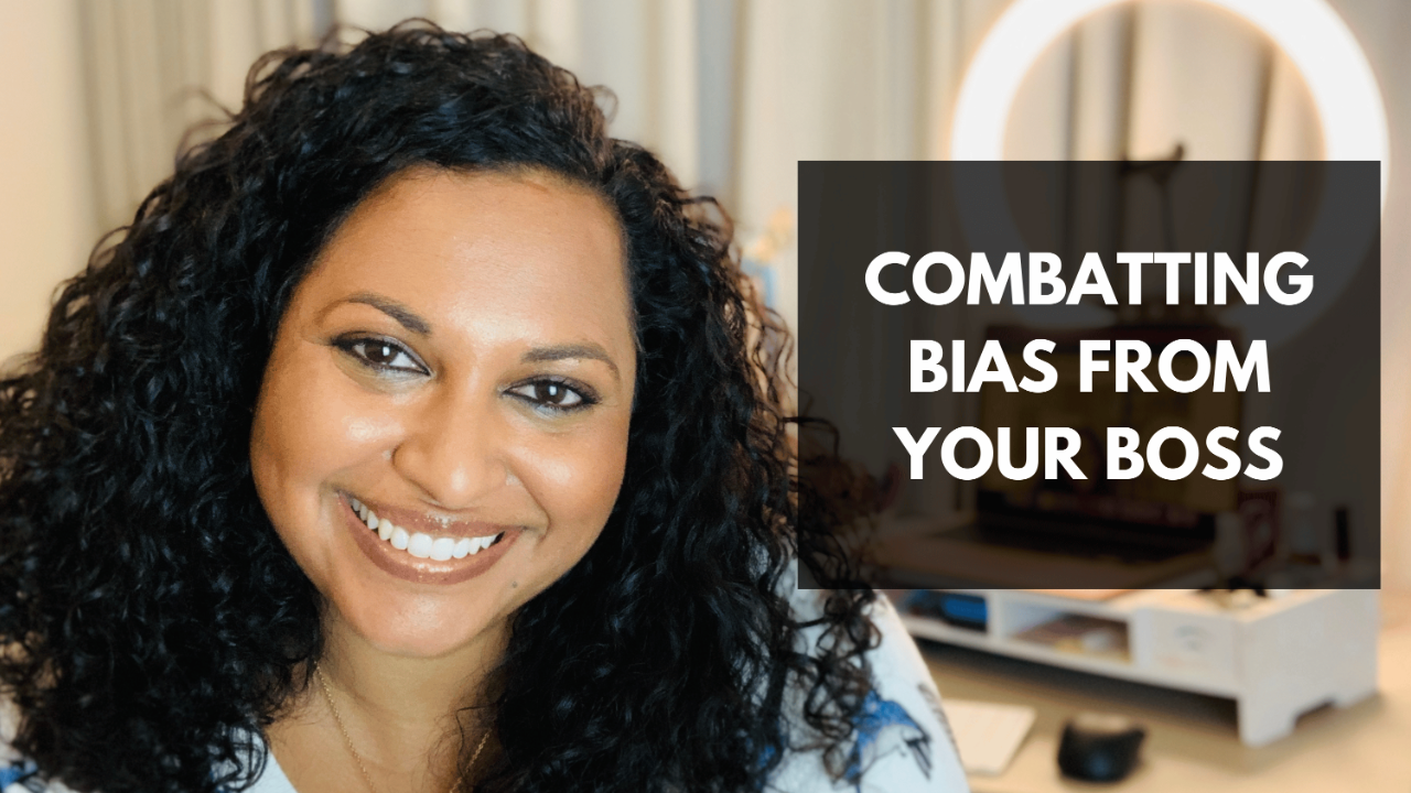 Lata in a blue bird top smiling; text: combatting bias from your boss