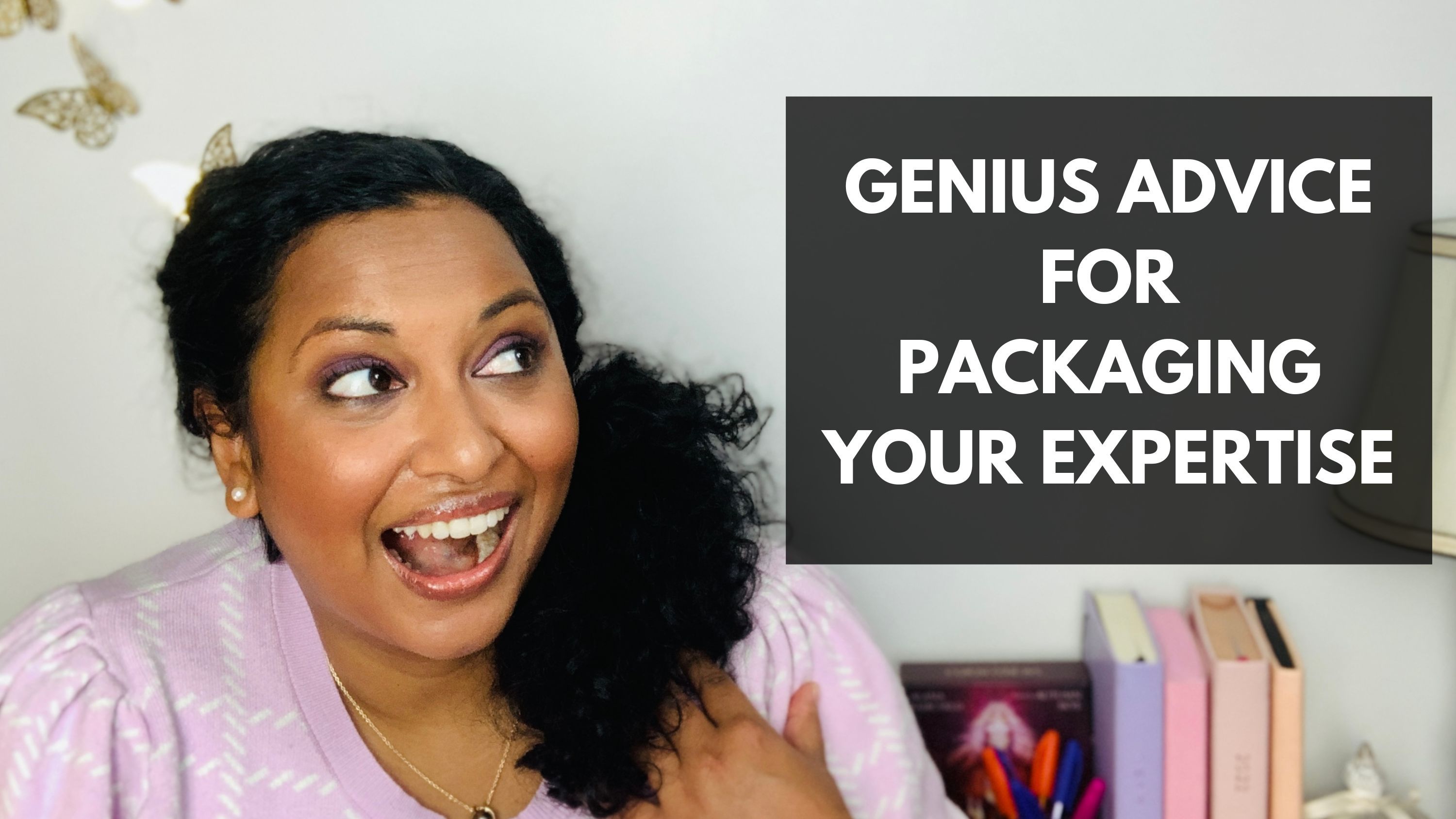 Lata Hamilton in a pink top smiling; text: genius advice for packaging your expertise