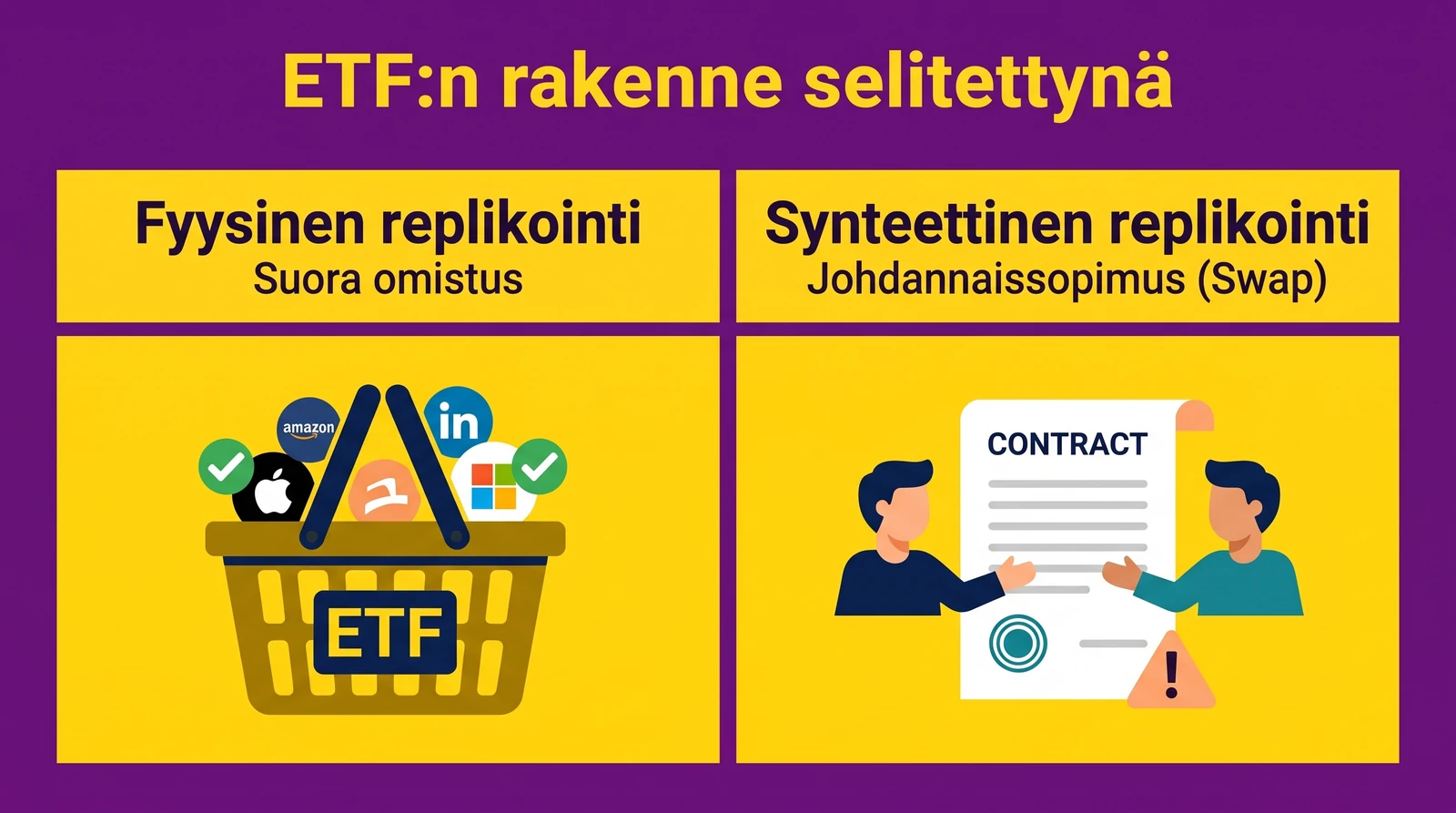 ETF:n rakenne selitettynä - fyysinen vs synteettinen replikointi. Suora omistus osakkeista vs. Johdannaissopmus.